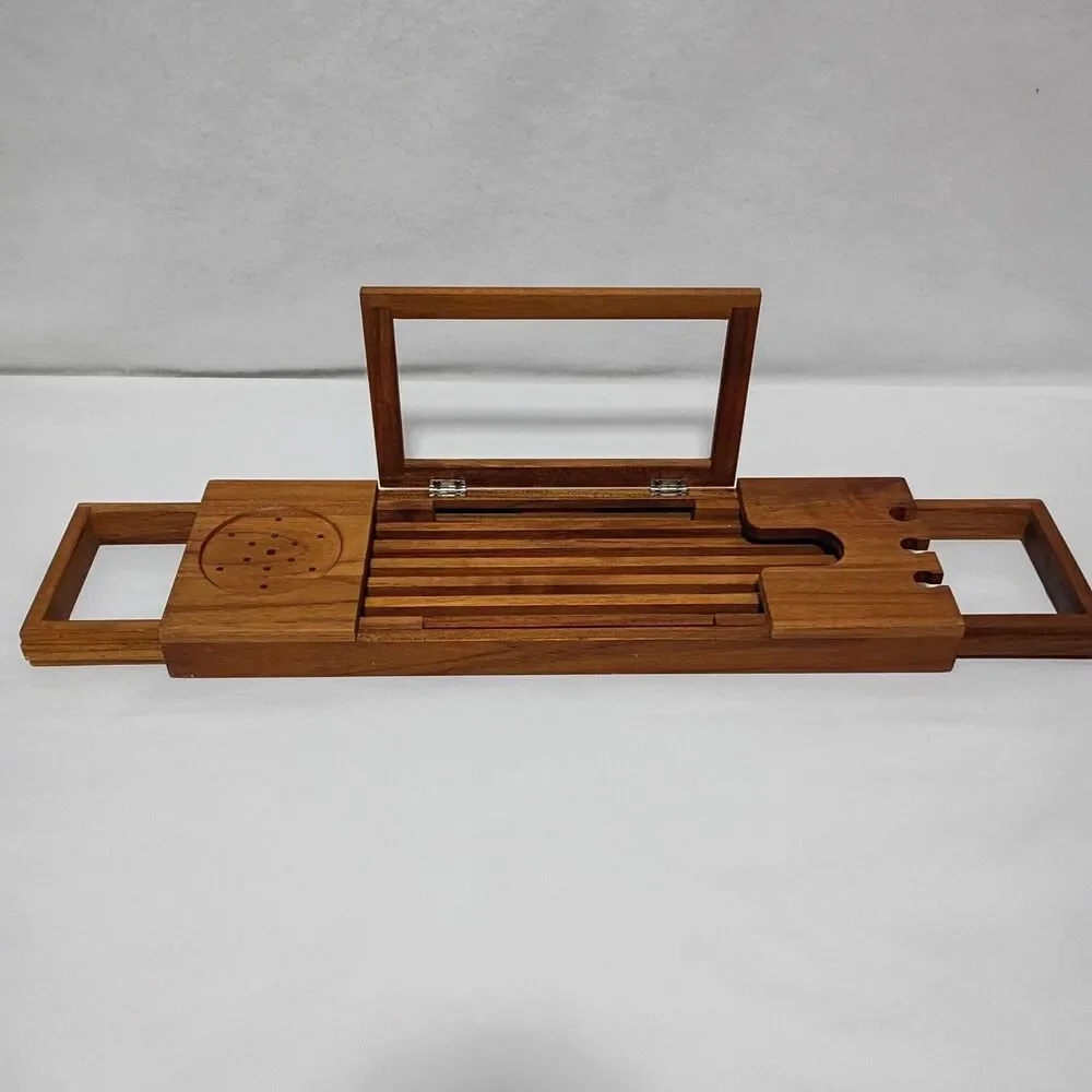 Teak Bathtub Caddy Tray Adjustable iPad Book & Wine Holder Spa Bath 20-33.5”